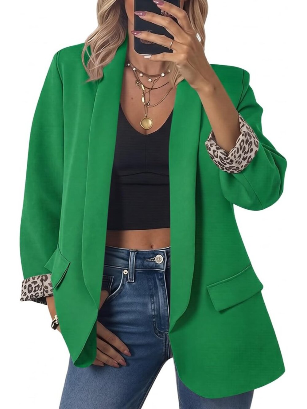 Women's Green Oversized Open Front Shawl Collar Leopard Cuff Classic Suit Jacket